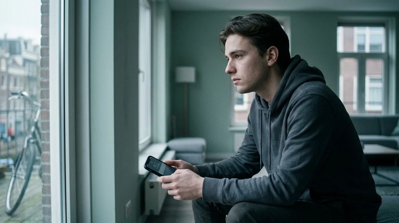 Nadenkende jongvolwassene met een smartphone, symbool voor het verhoogde gokrisico bij jonge spelers