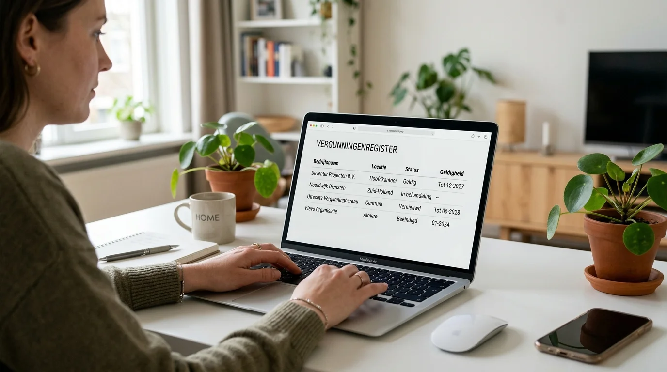 Persoon controleert het vergunningenregister van de Kansspelautoriteit op een laptop